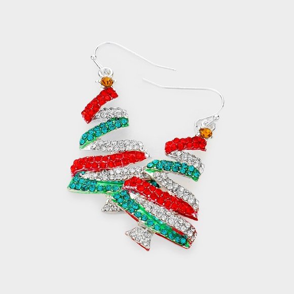 Rhinestone Christmas Tree Earrings, Festive Holiday Jewelry, Handmade Gift Idea - Picture 1 of 1